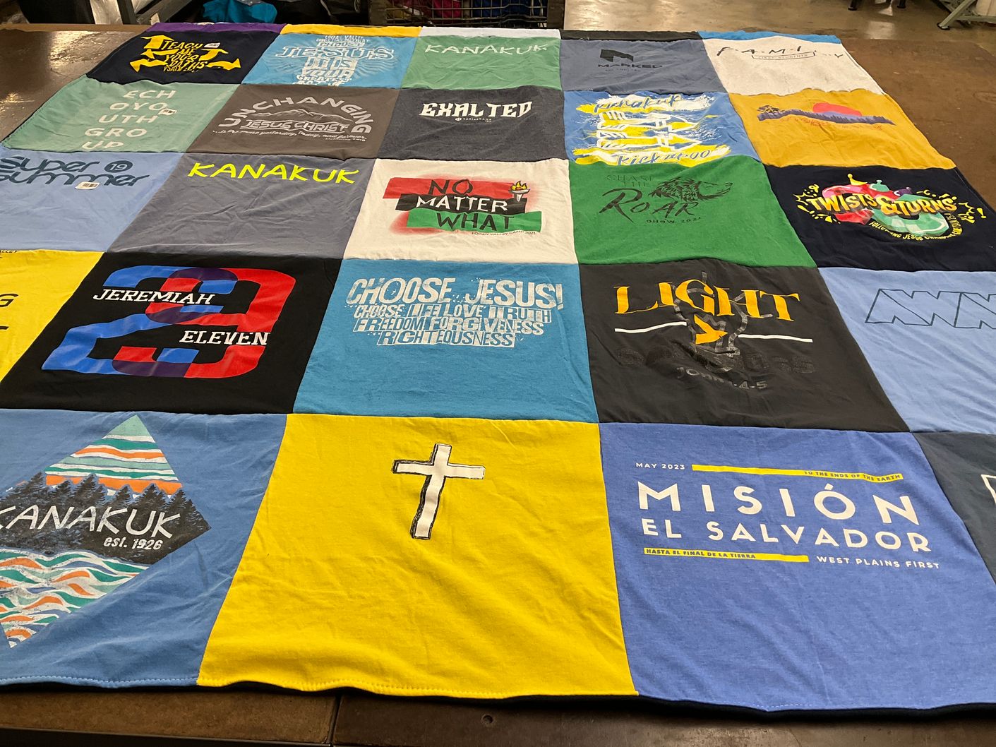 T-shirt quilt with faith, youth ministry themes by Sherry from MO