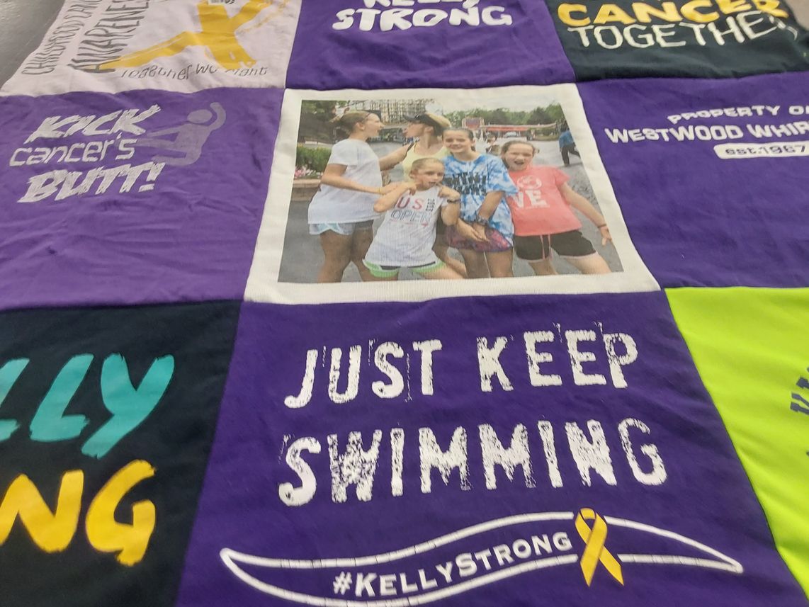 T-shirt quilt with cancer awareness, swimming themes by Renee from VA