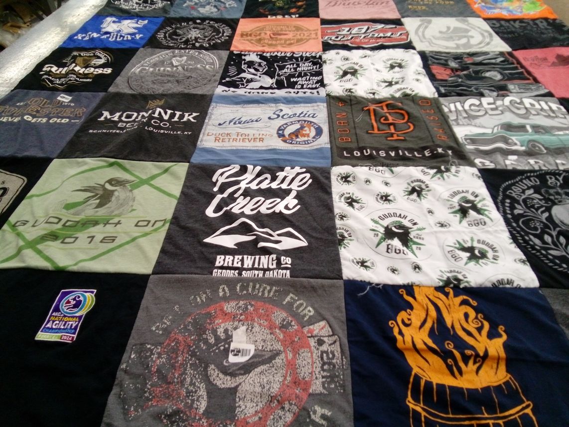 T-shirt quilt with brewing, dog agility themes by Katie from IN