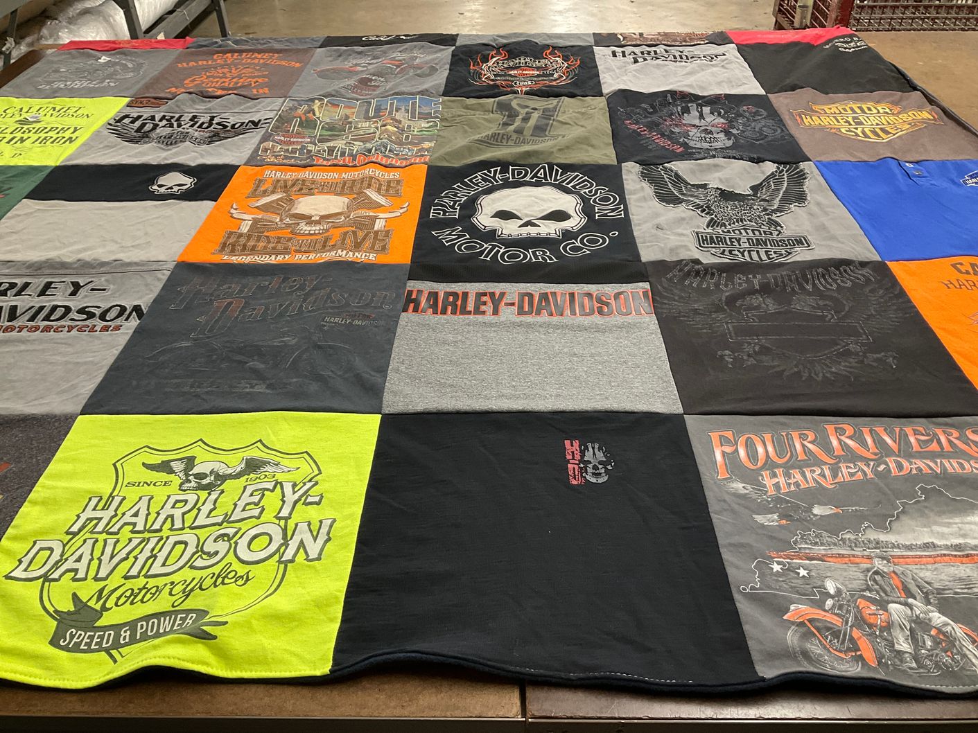 T-shirt quilt with motorcycles, biking themes by Kasey from IL