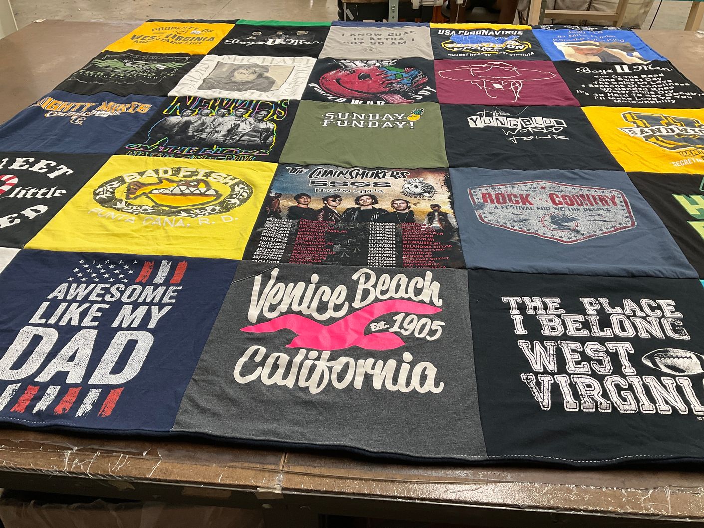 T-shirt quilt with travel, music themes by Katie from WV