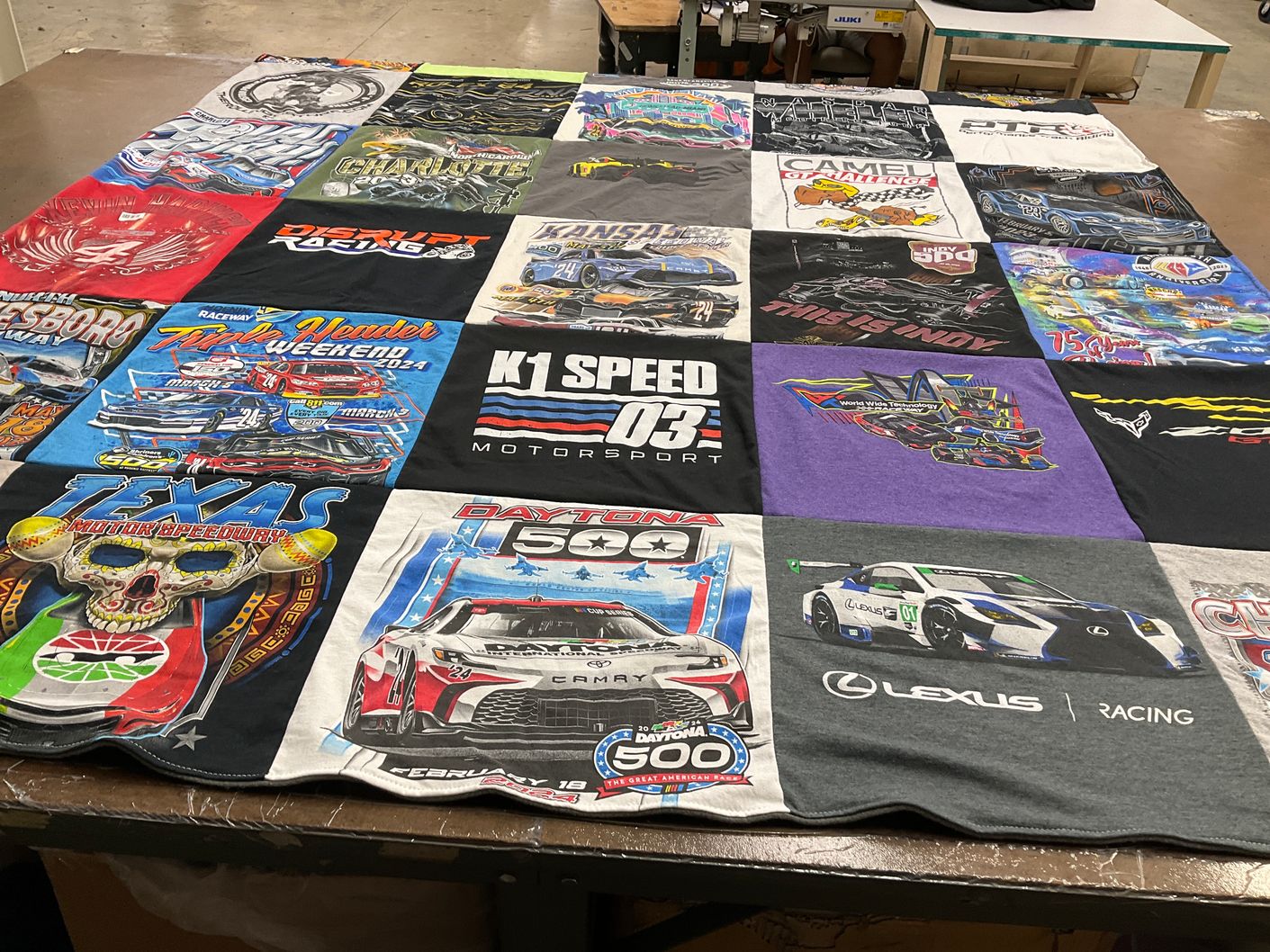 T-shirt quilt with auto racing, motorsports themes by Bryan from MO