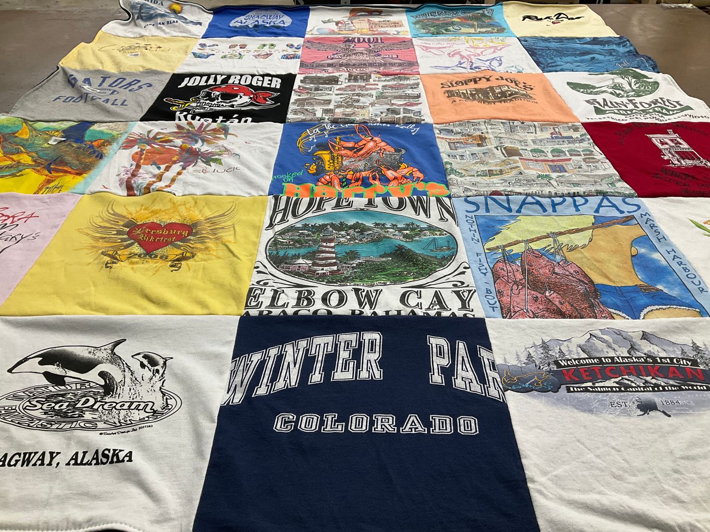 T-shirt quilt with beach, travel themes by Pamela from FL