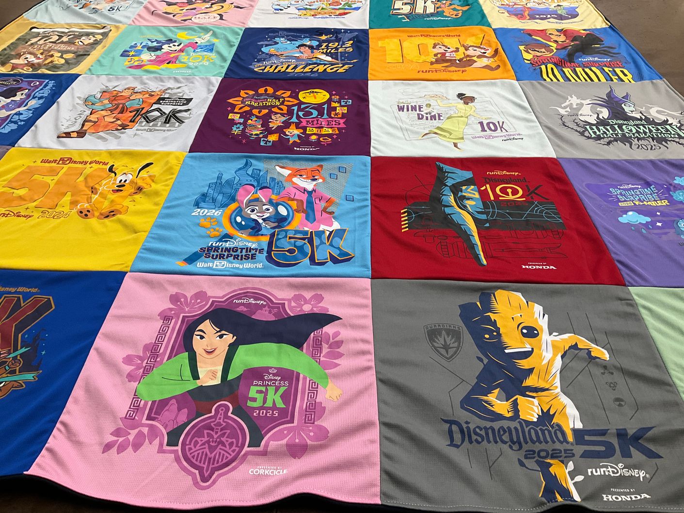 T-shirt quilt with running, disney themes by Grace from CO