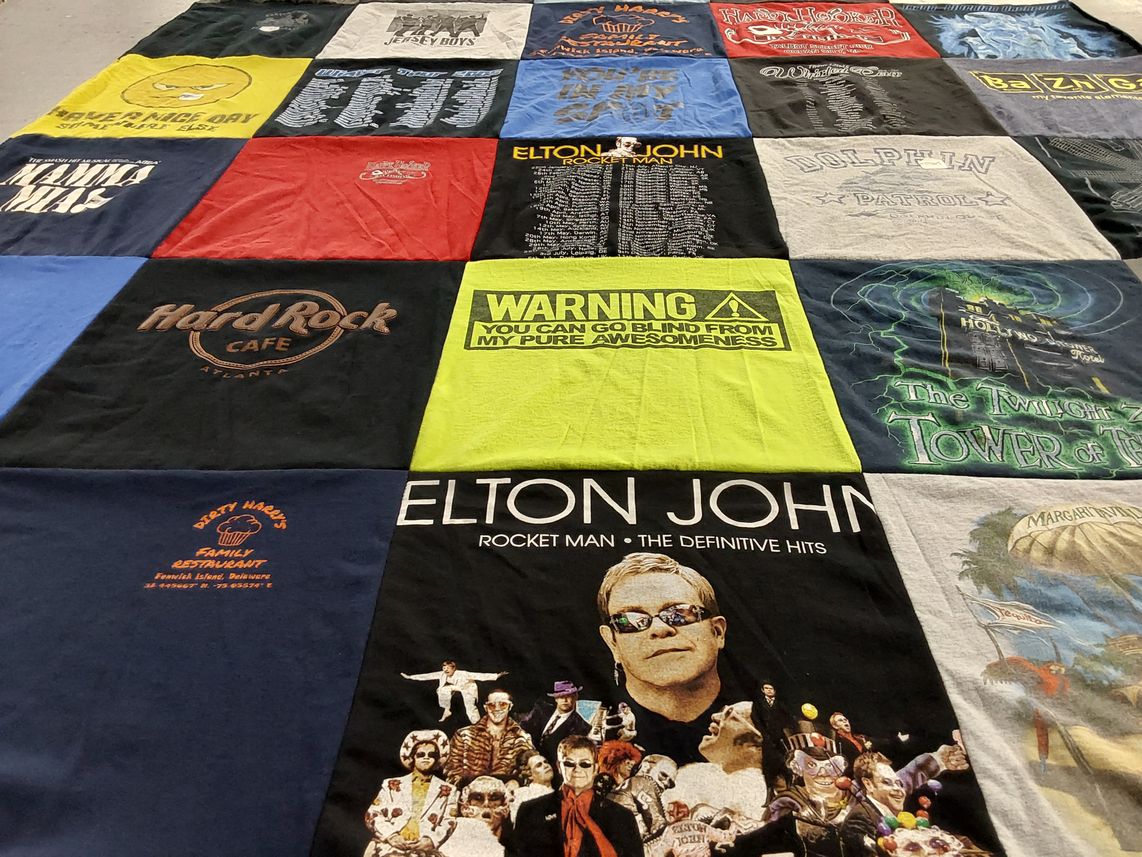 T-shirt quilt with music, theatre themes by Sands from PA