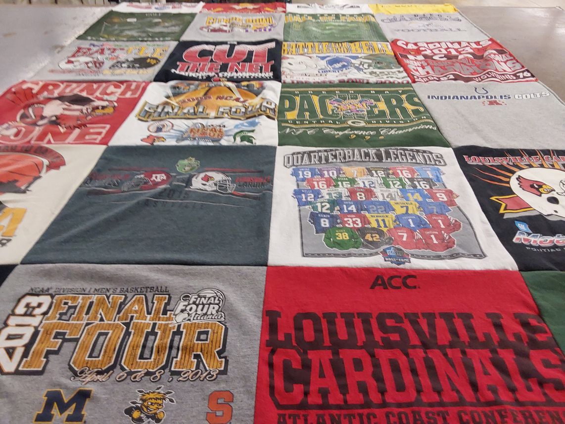 T-shirt quilt featuring louisville cardinals, indiana state university by Dawn from KY
