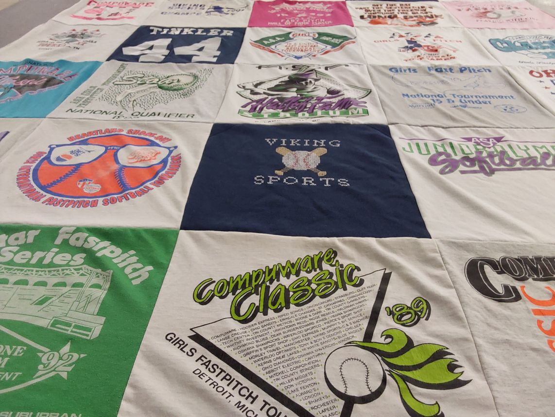 T-shirt quilt with fastpitch softball, sports themes by Jennifer from OH