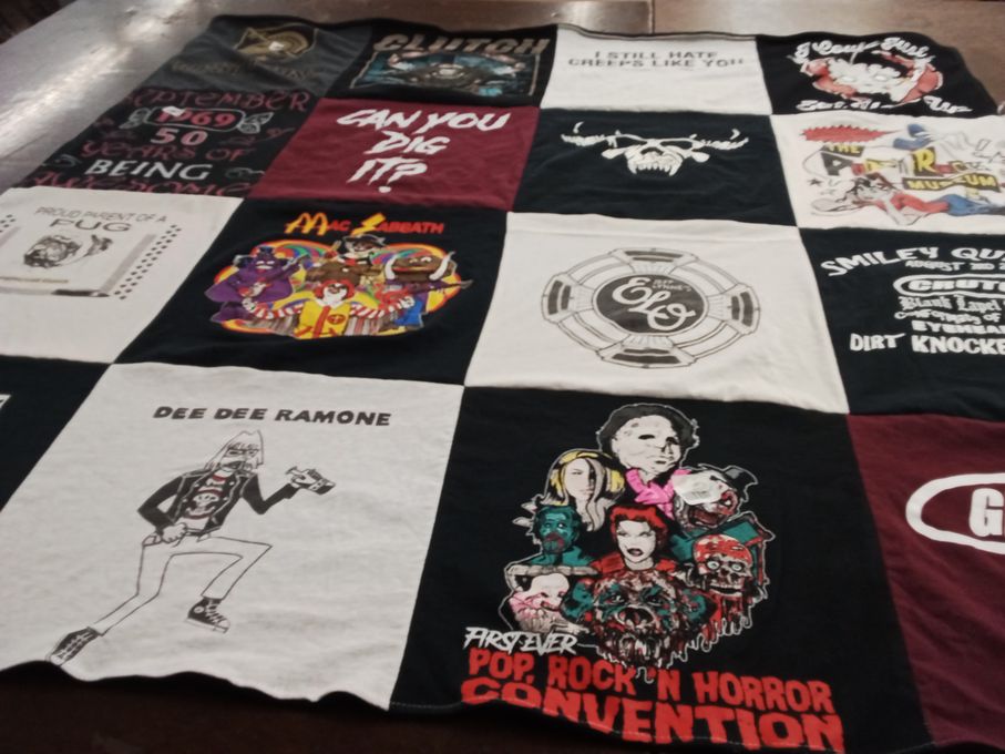 T-shirt quilt with music, horror themes by Jennifer from MD