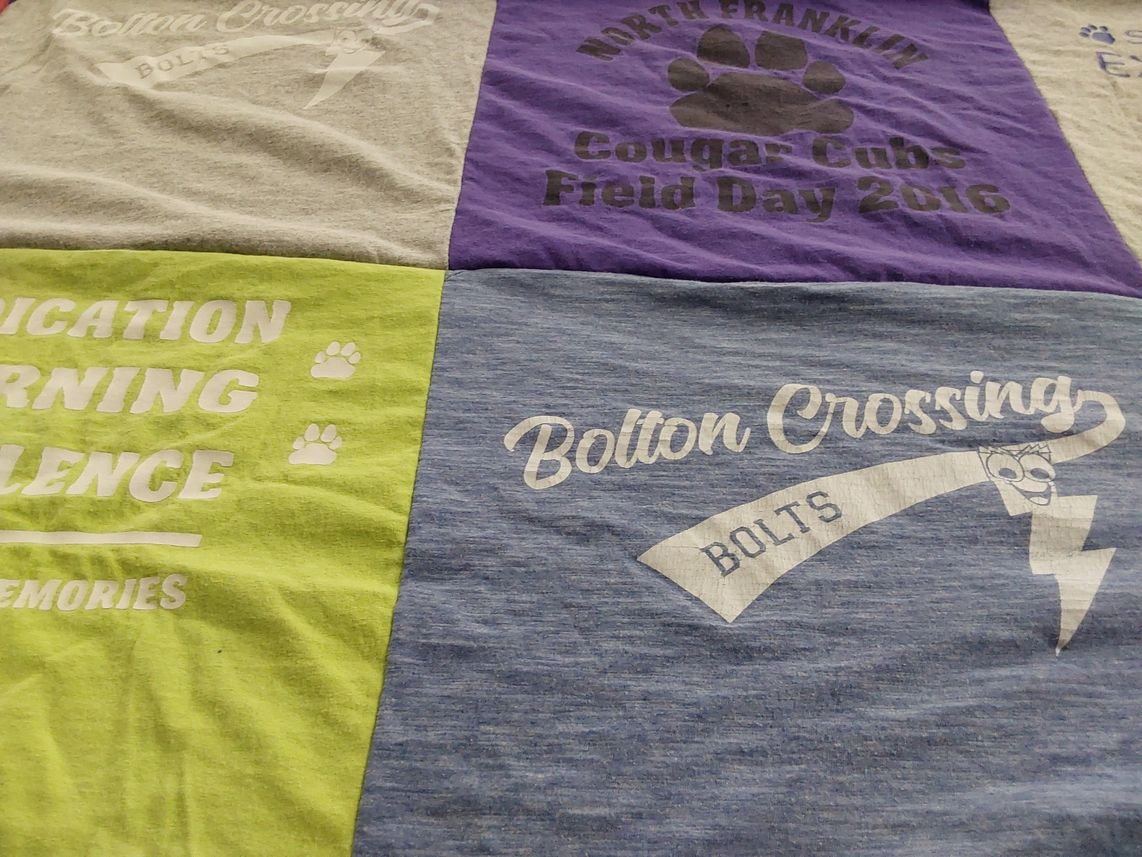 T-shirt quilt featuring bolton crossing middle school bolts, north franklin middle school cougars by Stefani from OH