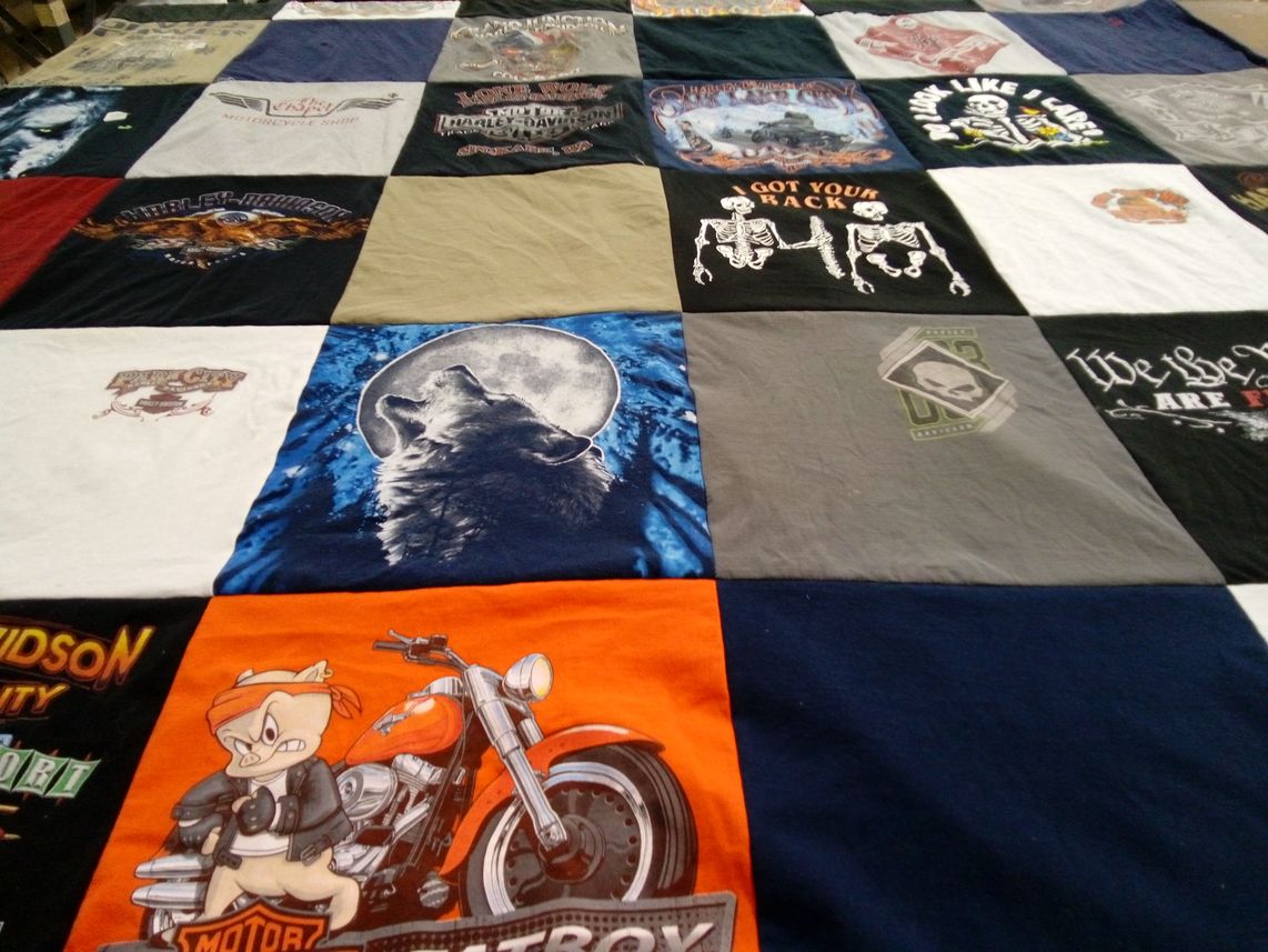 T-shirt quilt with motorcycles, biking themes by Bobby from UT