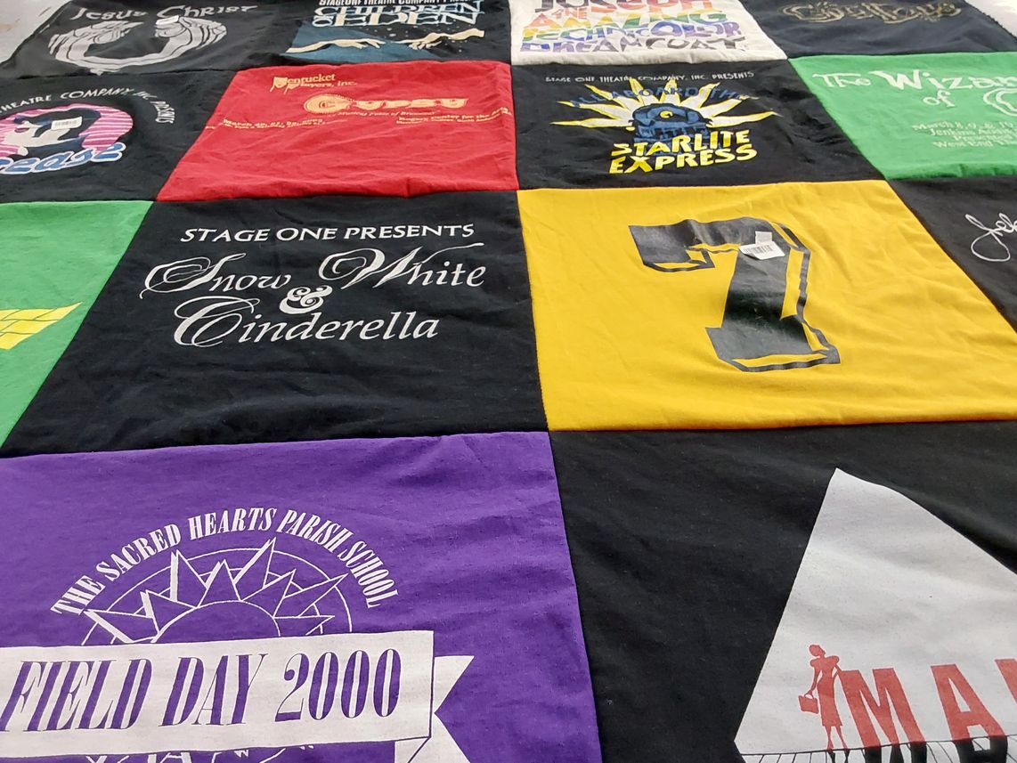 T-shirt quilt with theater, performing arts themes by Ann from MA