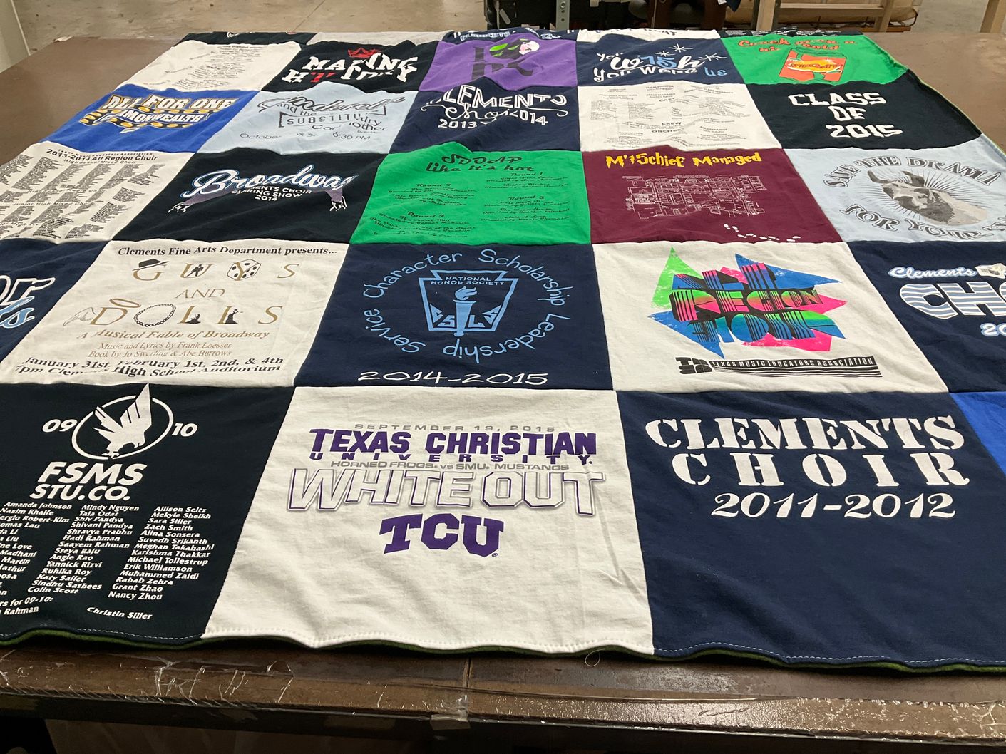 T-shirt quilt from texas christian university, clements high school by Mary from TX