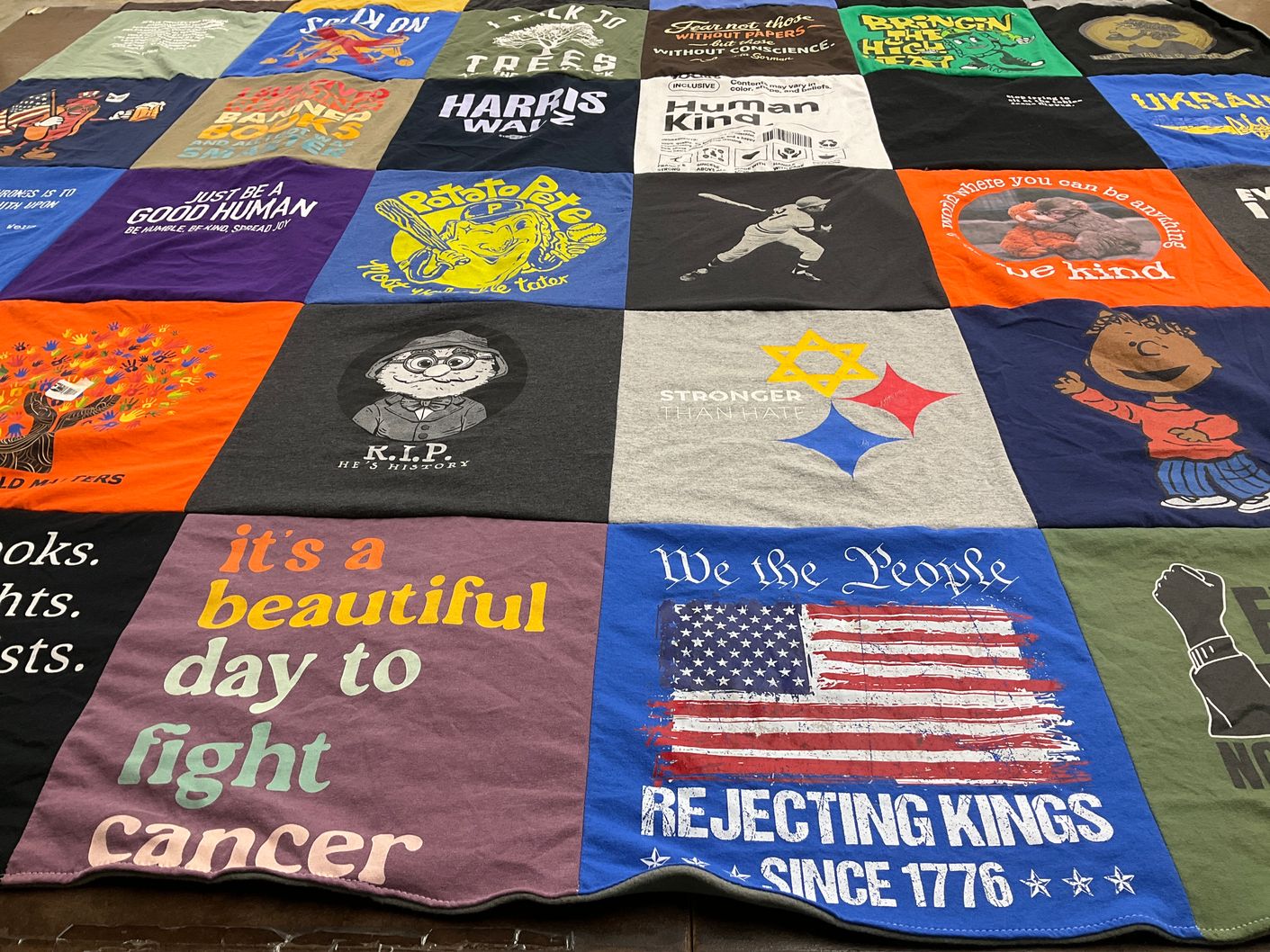 T-shirt quilt with social justice, cancer awareness themes by Michael from PA