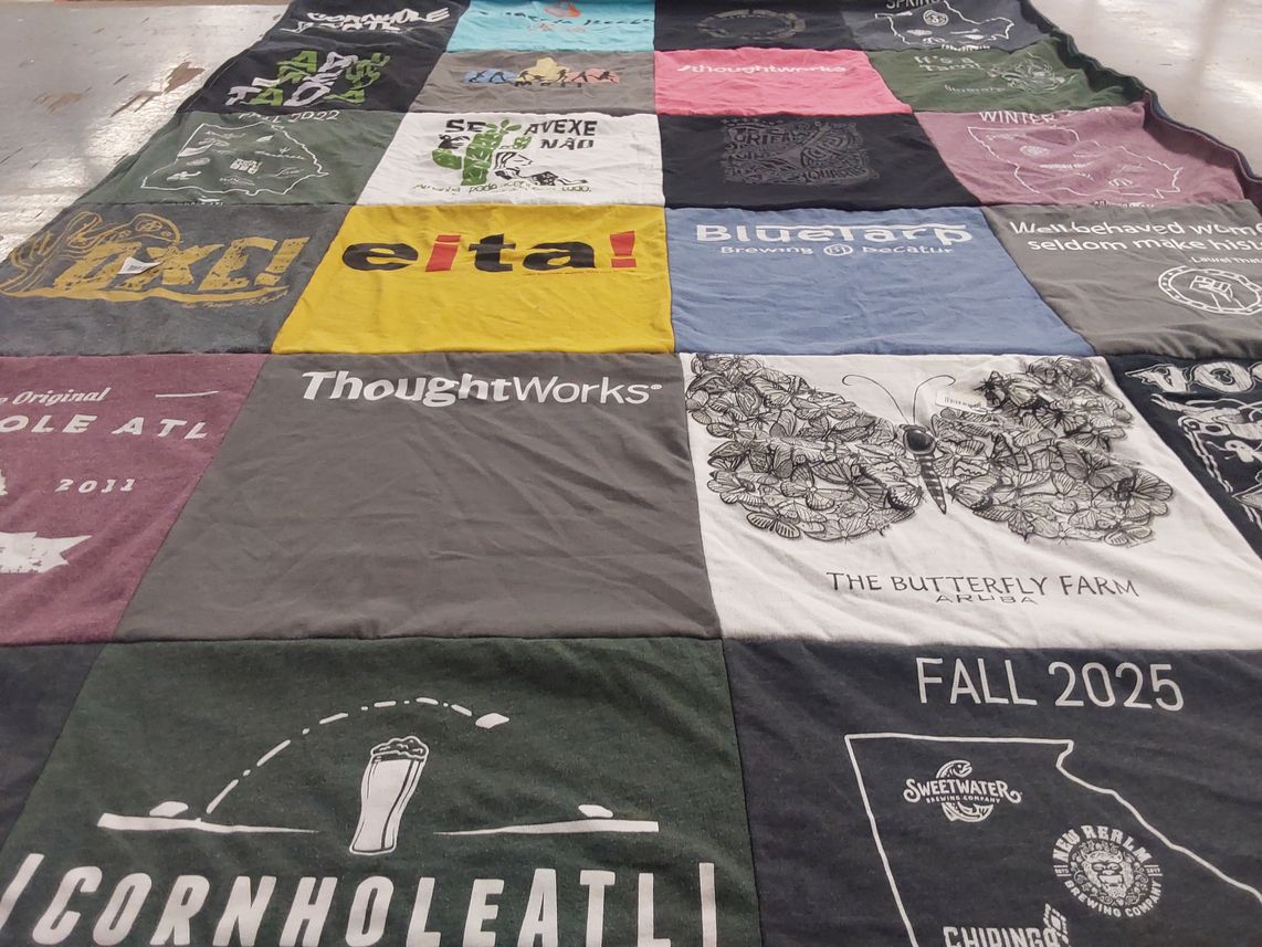 T-shirt quilt with brewing, cornhole themes by Adriana from GA