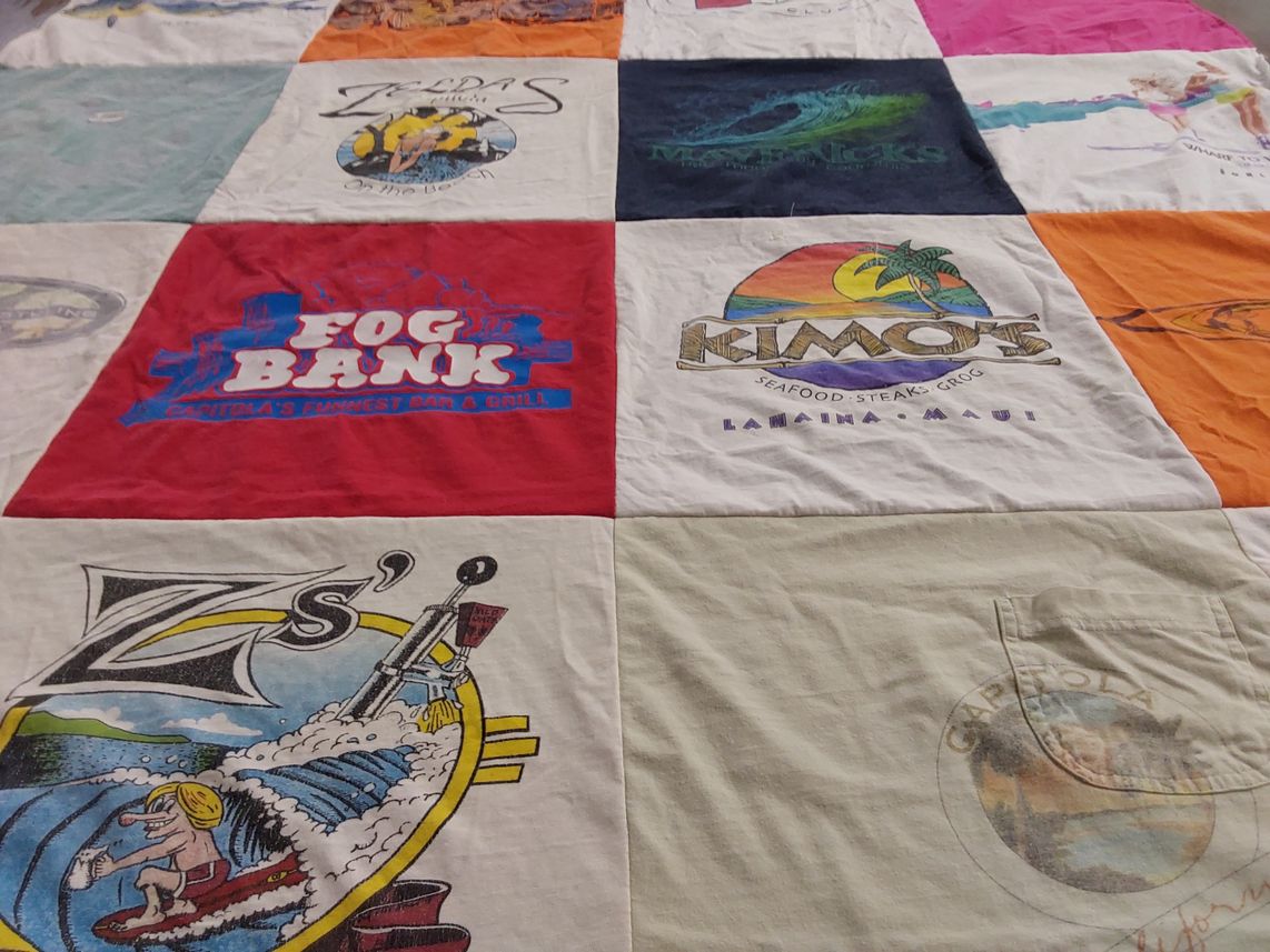 T-shirt quilt with surfing, beach life themes by Danielle from CA