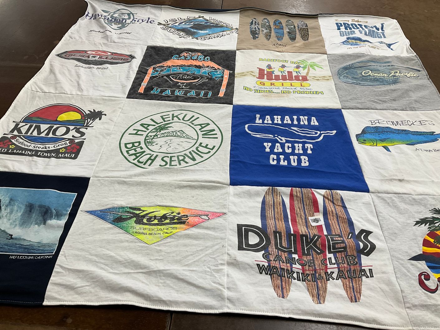 T-shirt quilt with beaches, surfing themes by Danielle from CA