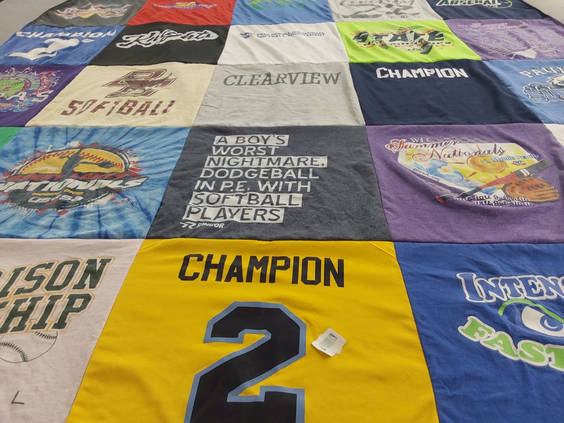 T-shirt quilt with softball, dodgeball themes by Dianna from NJ
