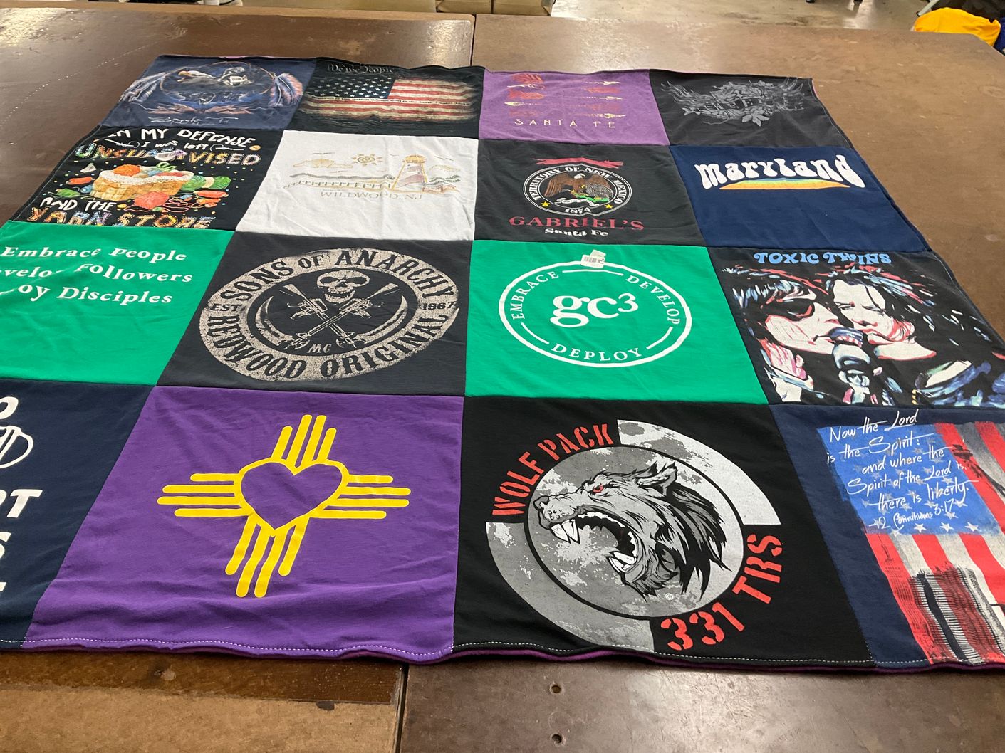 T-shirt quilt with music, motorcycle clubs themes by Jody from MD