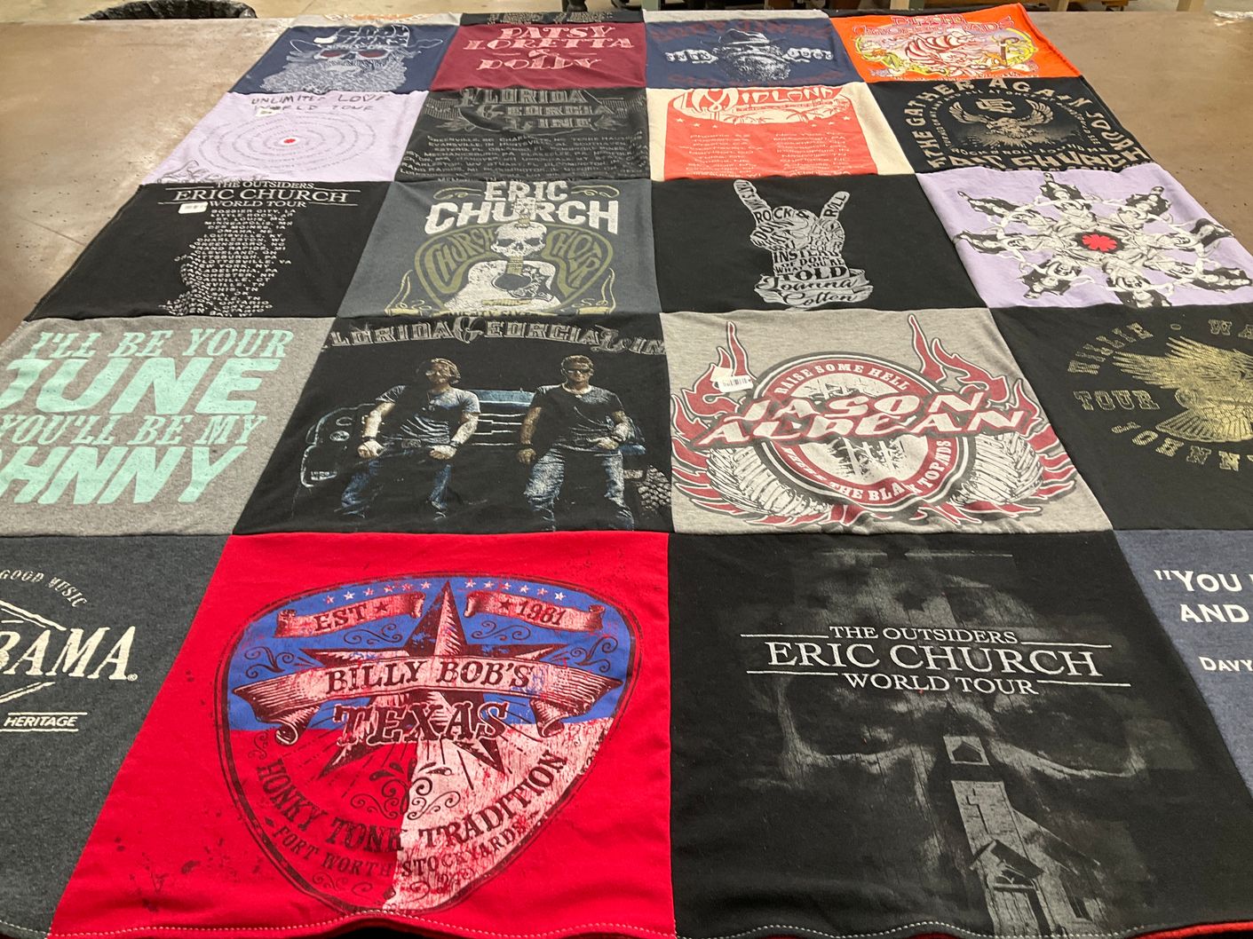 T-shirt quilt with country music, concerts themes by Lisa from MO