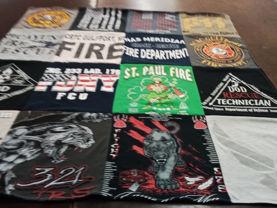 T-shirt quilt with firefighting, emergency services themes by Dillon from MS