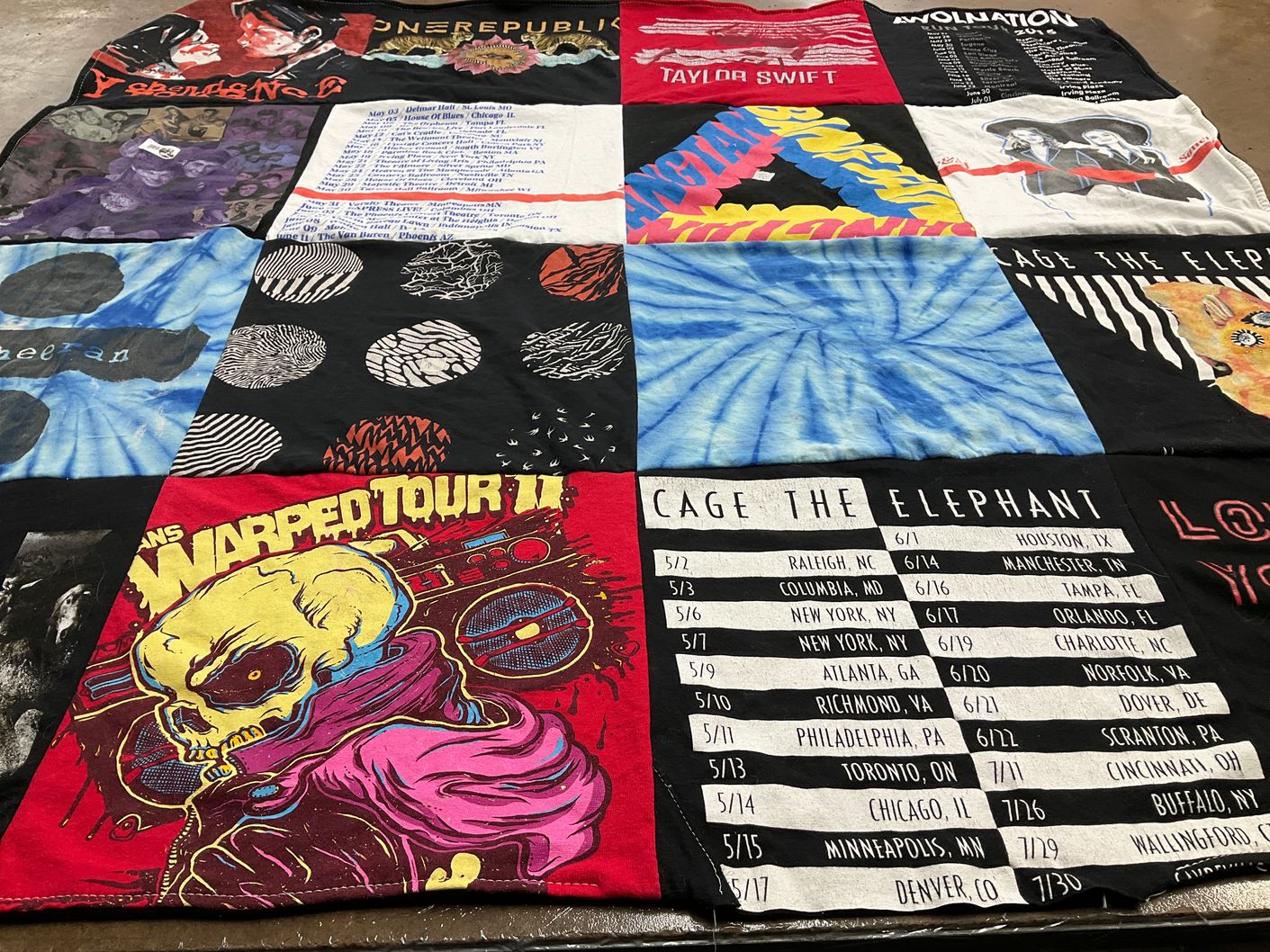T-shirt quilt with music, concerts themes by Taylor from NC