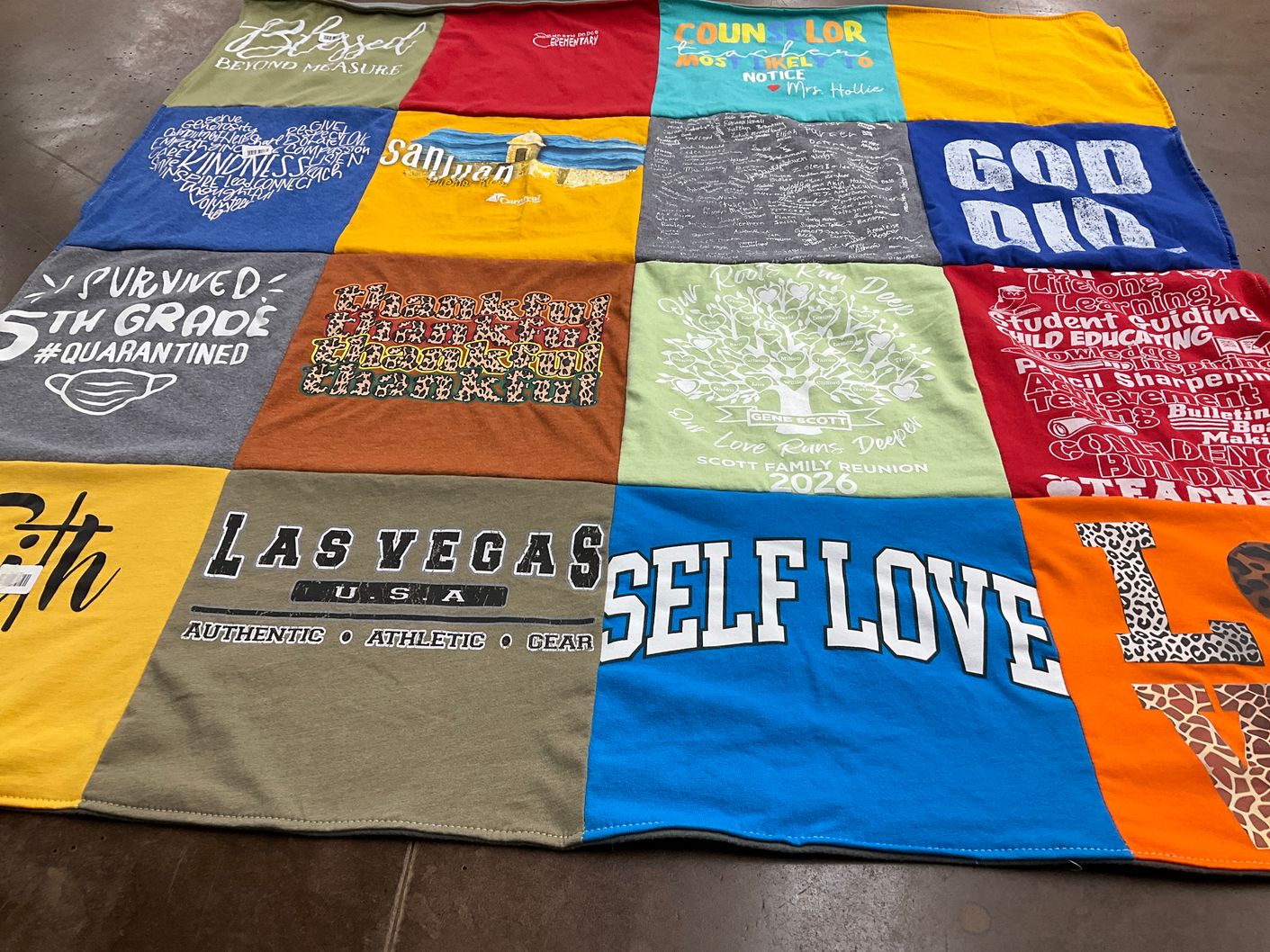 T-shirt quilt with family, education themes by Patricia from GA