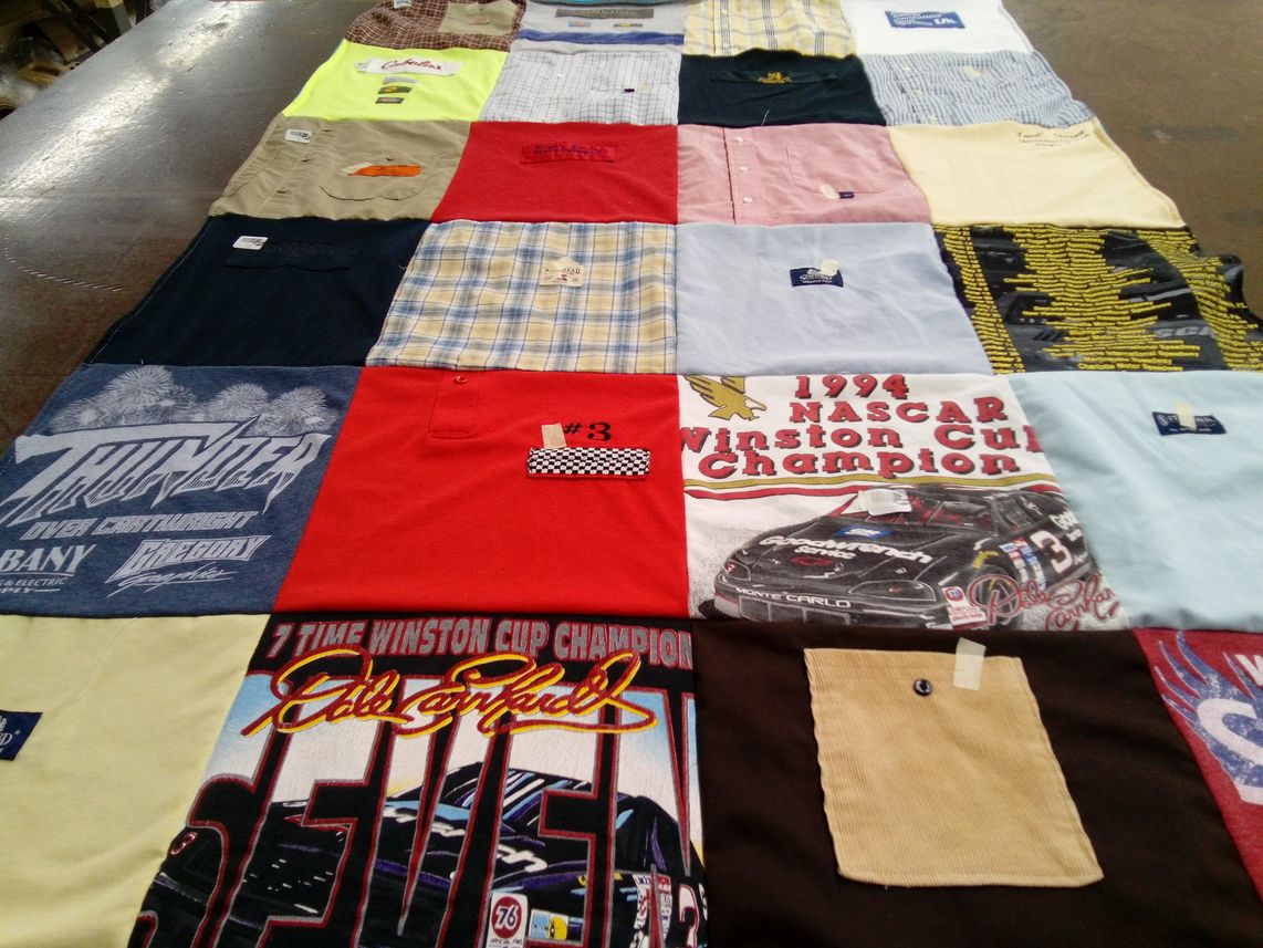 T-shirt quilt with nascar, automobile racing themes by Kathy from KY