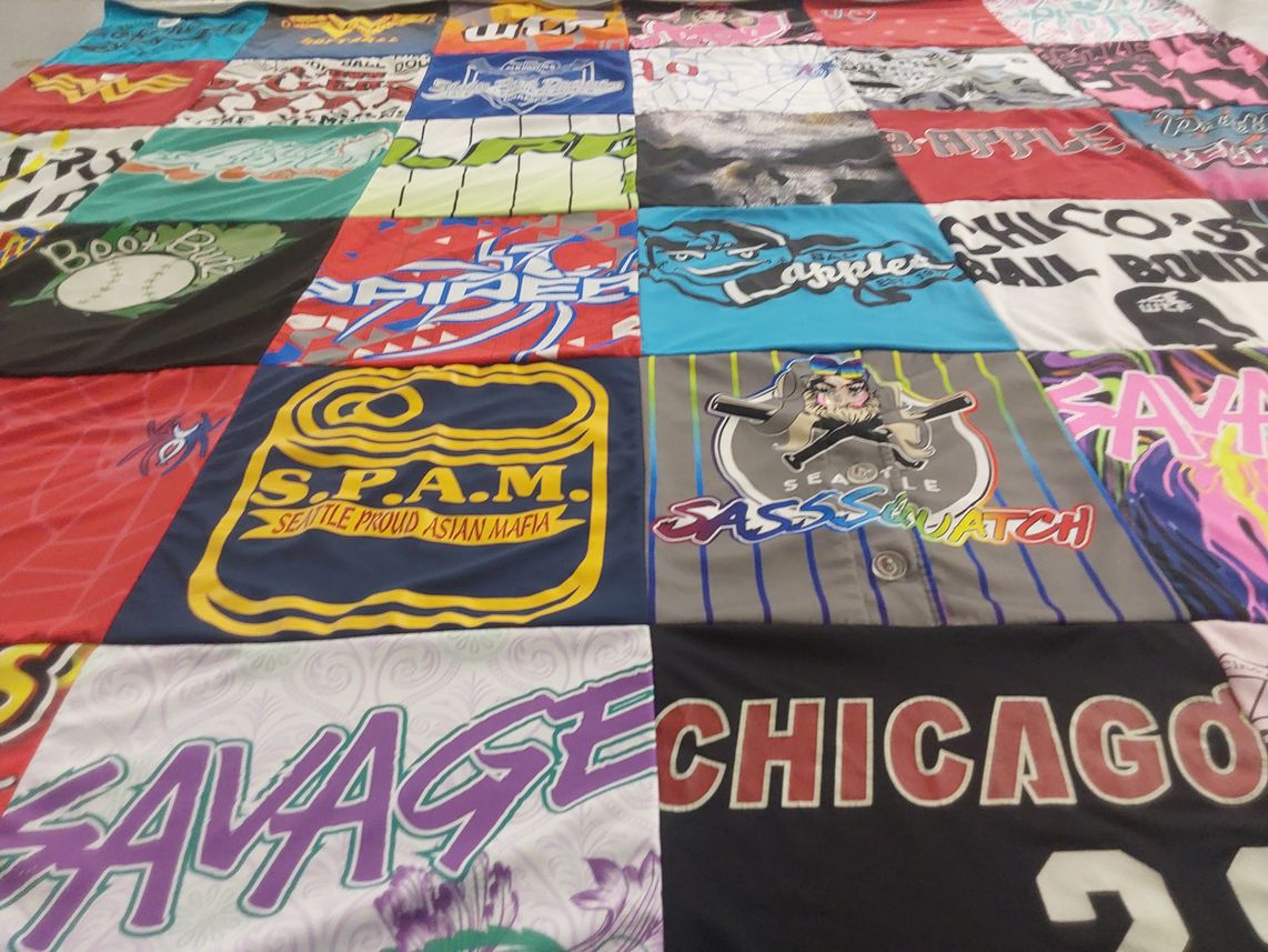 T-shirt quilt with sasketball, food themes by Adrienne from WA