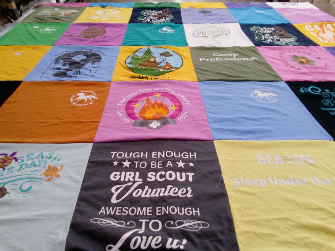 T-shirt quilt with camping, girl scouts themes by Brandi from IA