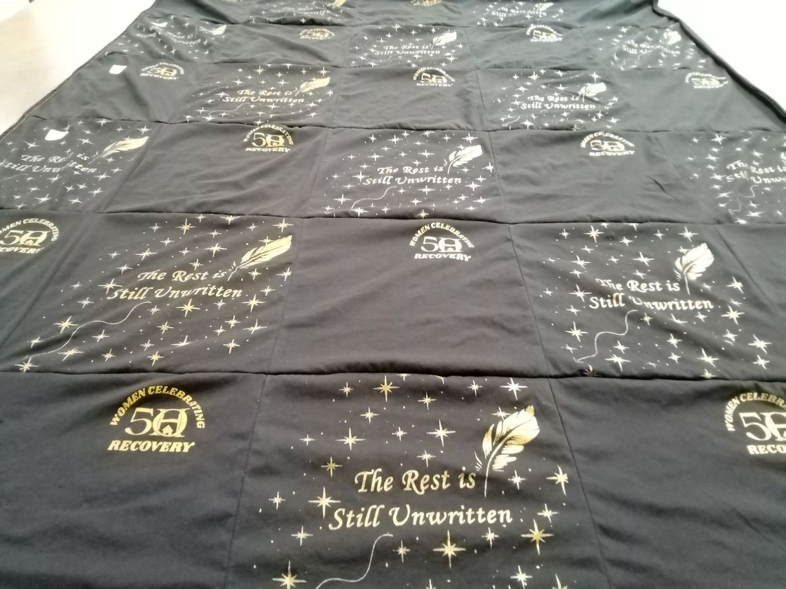 T-shirt quilt with recovery, celebration themes by Kathleen from NC