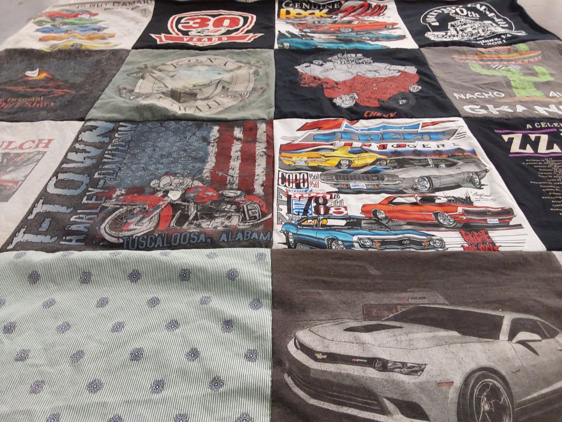 T-shirt quilt with motorcycles, cars themes by Zonia from VA