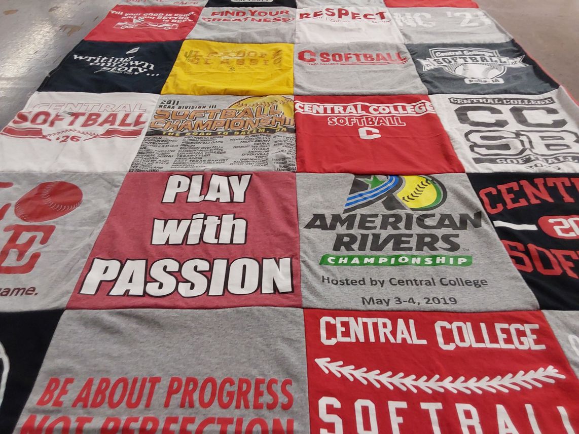 T-shirt quilt featuring central college softball by Kylie from CT