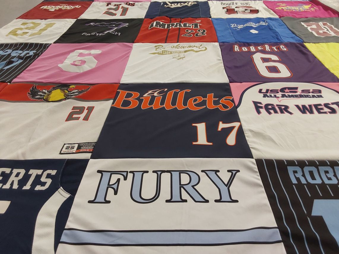 T-shirt quilt with softball themes by Becky from GA