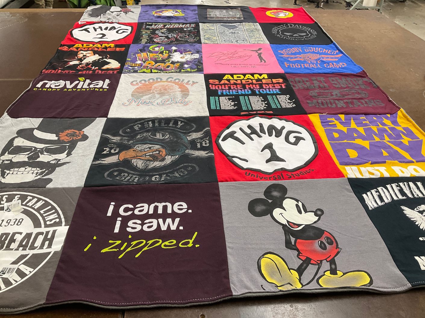 T-shirt quilt with comedy, camping themes by Desiree from NC
