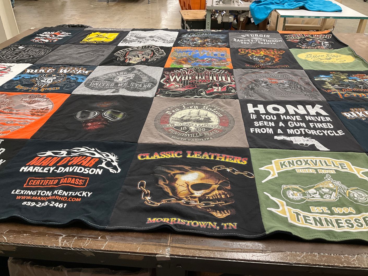 T-shirt quilt with motorcycles, biking themes by Cheri from KY