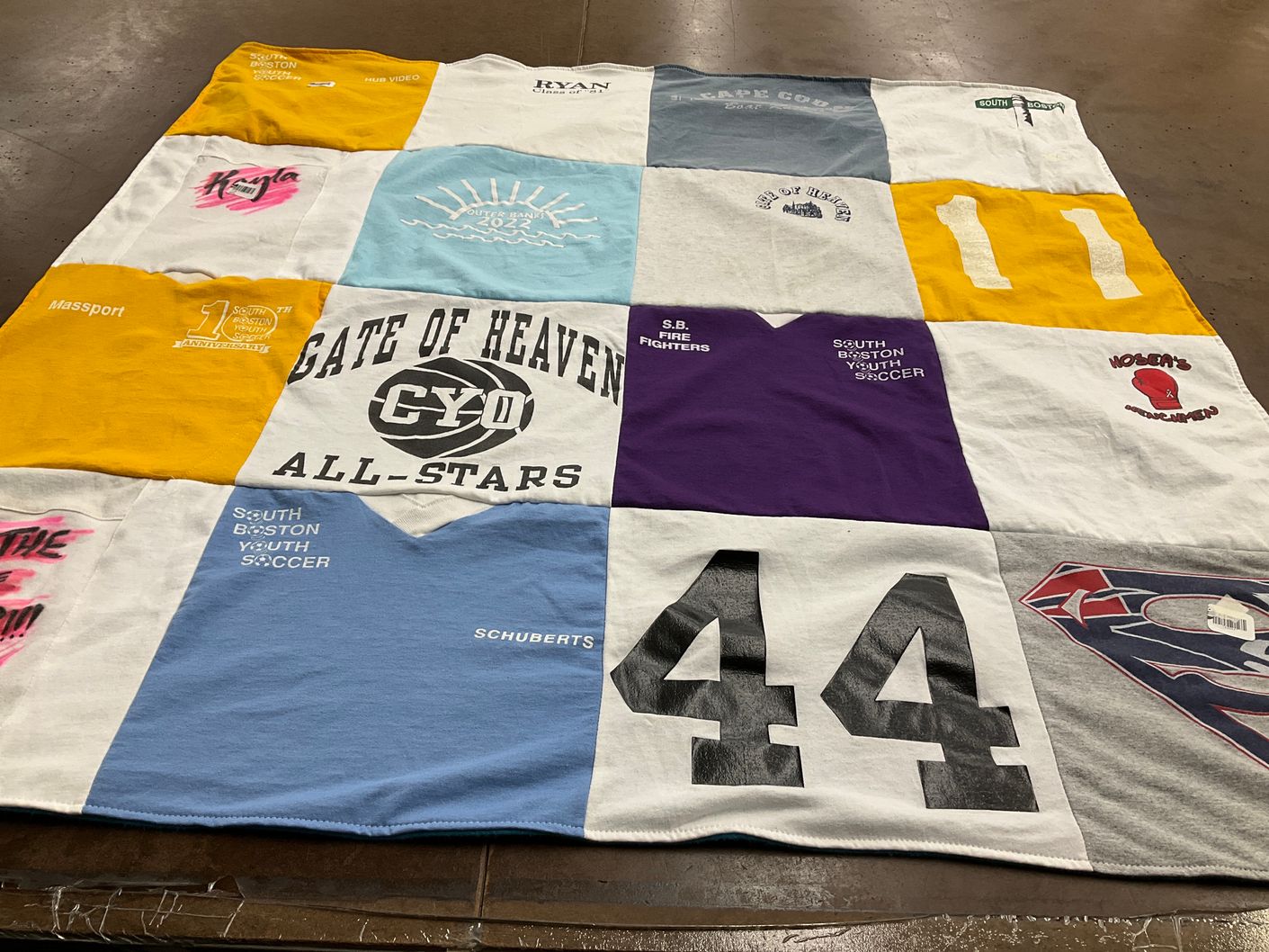 T-shirt quilt with youth sports, soccer themes by Patricia from MA