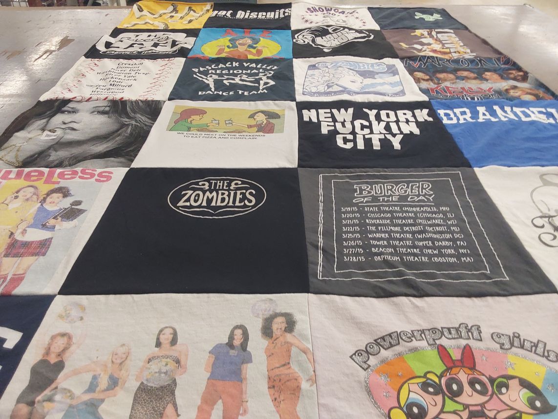 T-shirt quilt with music, theater themes by Pamela from NJ