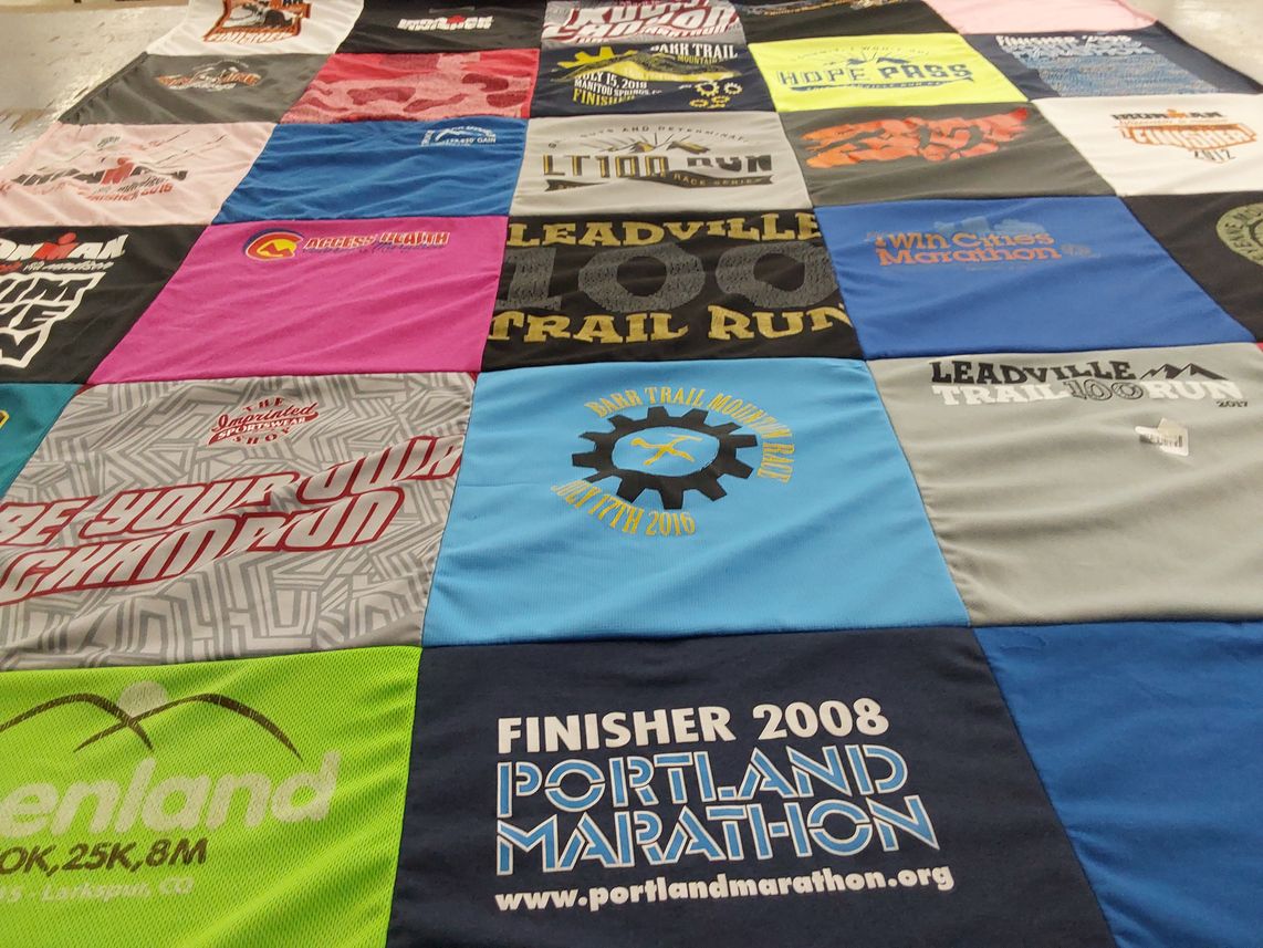 T-shirt quilt with running, marathons themes by Michelle from CO
