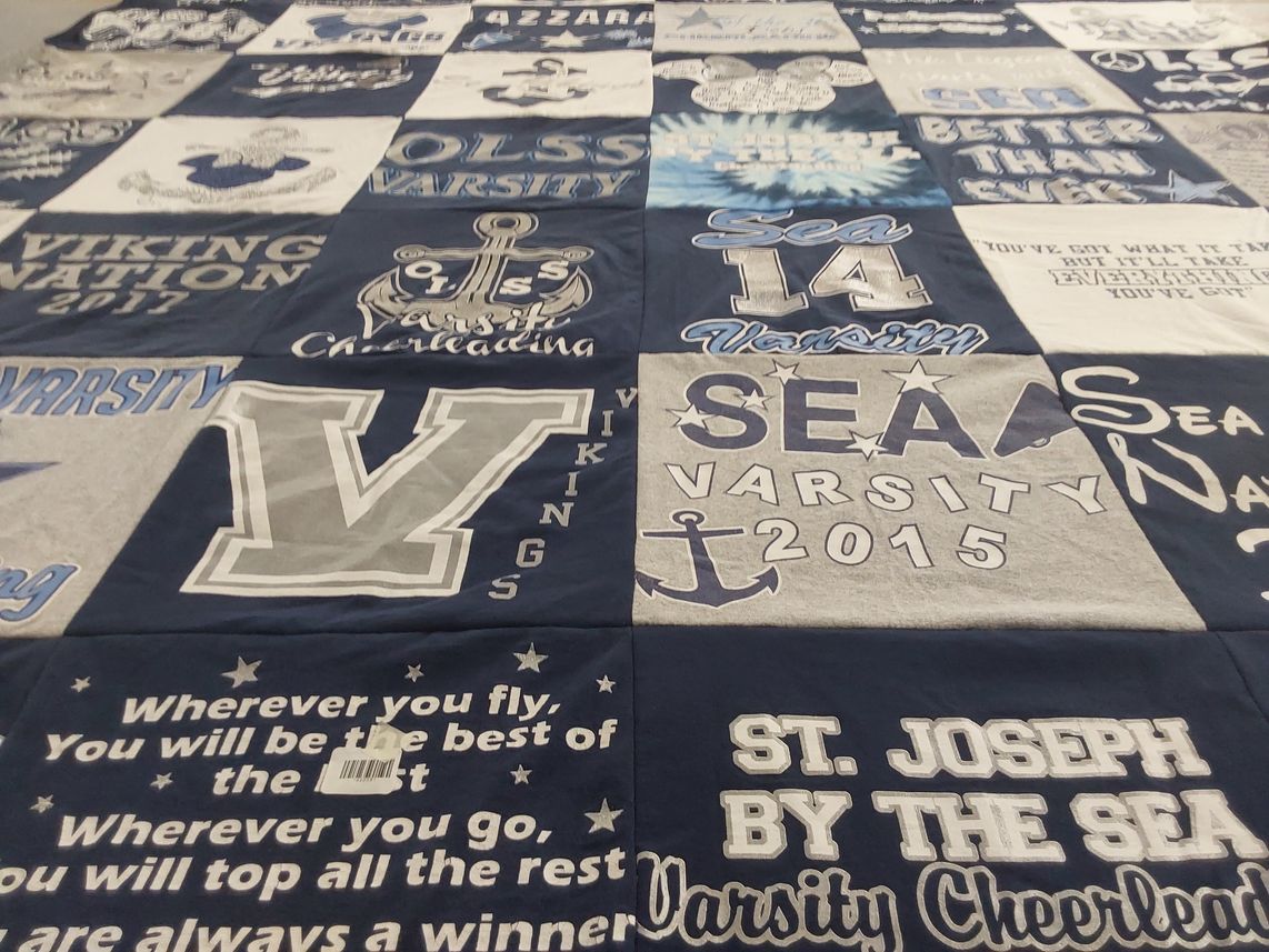 T-shirt quilt featuring st joseph by the sea varsity team by Jillian from NY