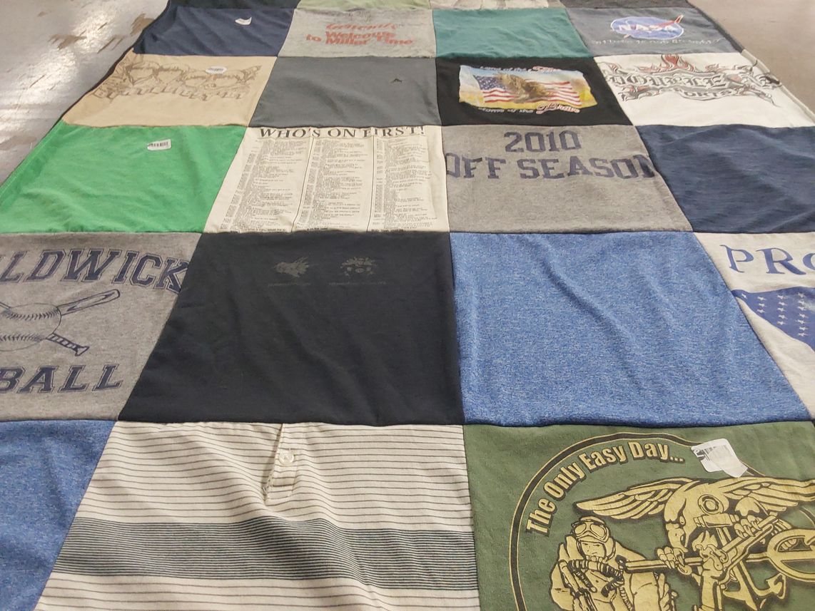 T-shirt quilt with baseball, nasa themes by Lynda from FL