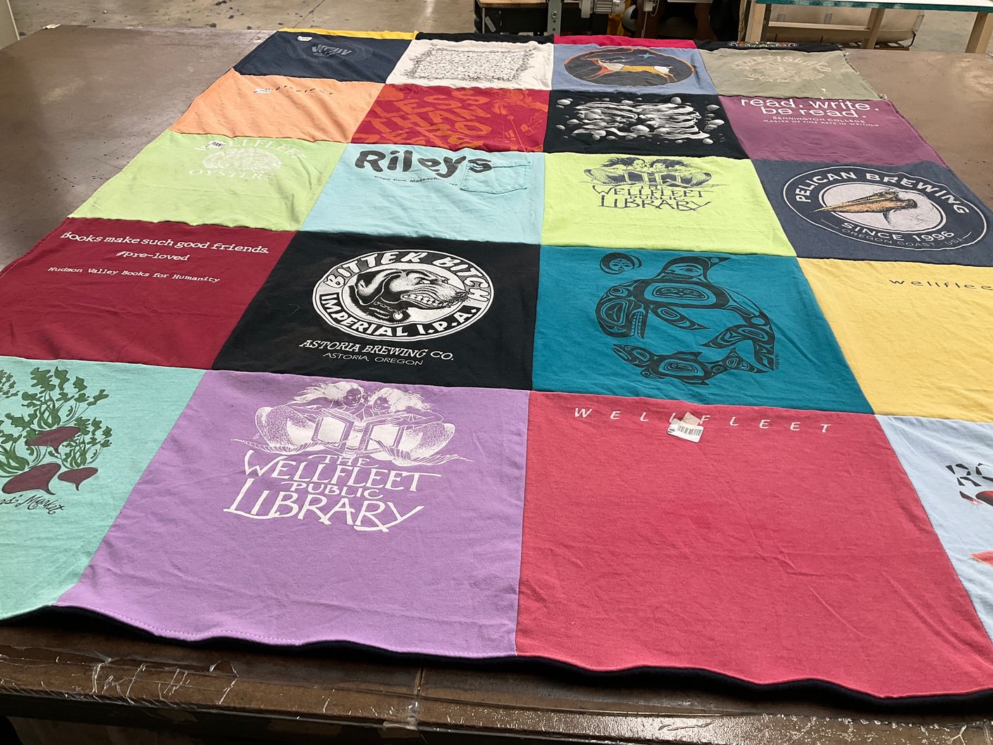 T-shirt quilt with reading, libraries themes by Betsy from NY