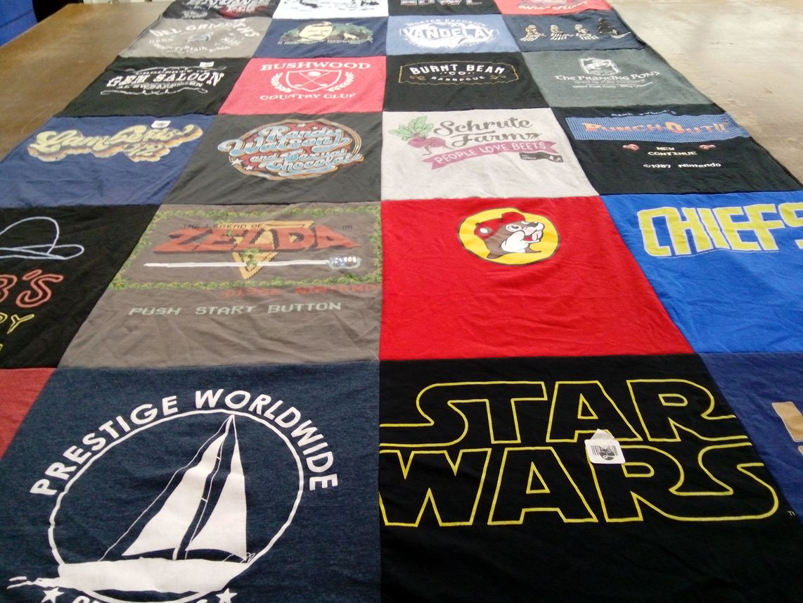 T-shirt quilt with gaming, movies themes by Brian from IL
