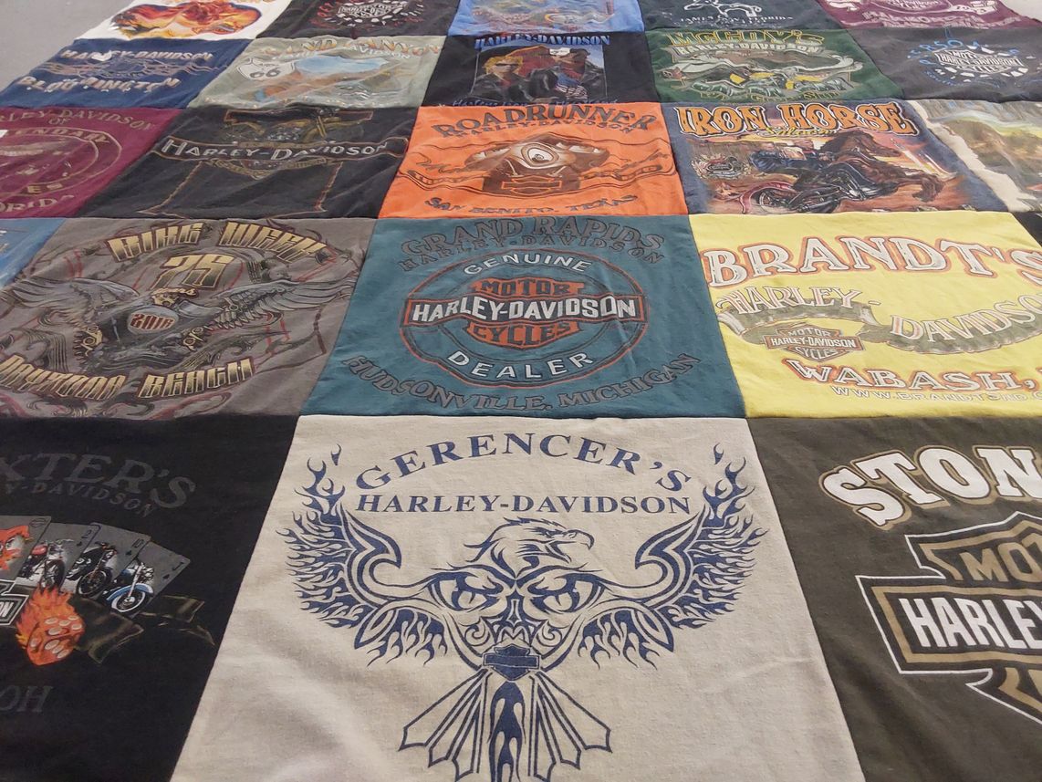 T-shirt quilt with motorcycles, biking themes by Mary from IN