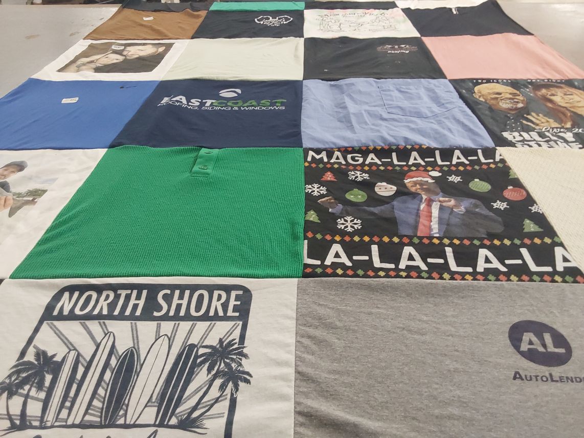 T-shirt quilt with politics, surfing themes by Erica from NJ