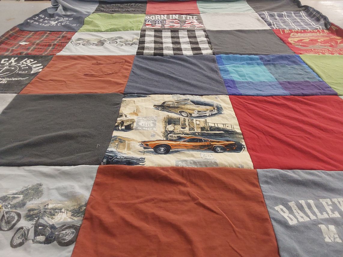 T-shirt quilt with motorcycles, cars themes by Jennifer from NY