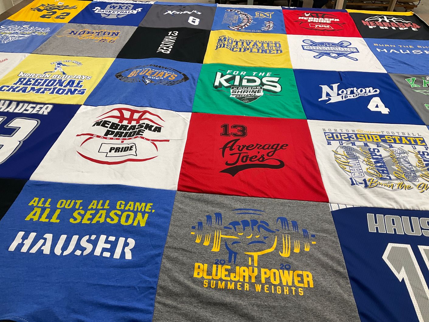 T-shirt quilt featuring norton bluejays by Jennifer from KS