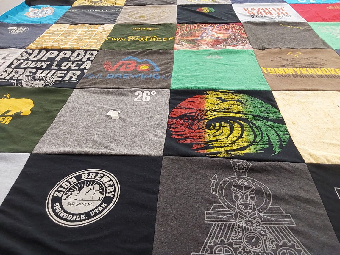 T-shirt quilt with craft beer, brewing themes by Maggie from FL