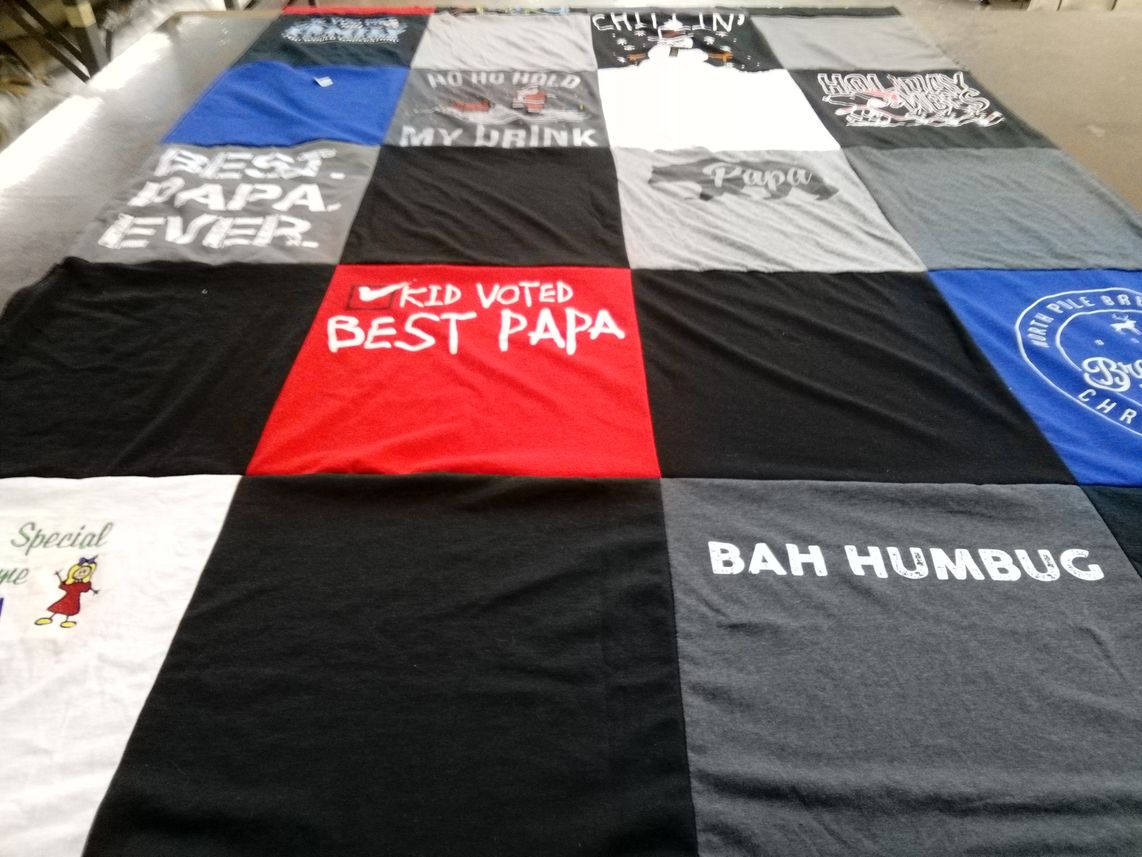 T-shirt quilt with family, gifts themes by Bonnie from TX