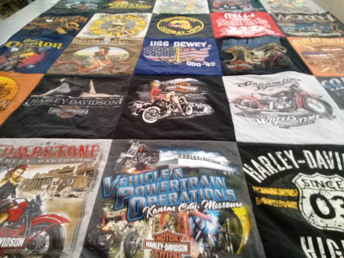 T-shirt quilt with motorcycles, biking themes by Roy from AZ