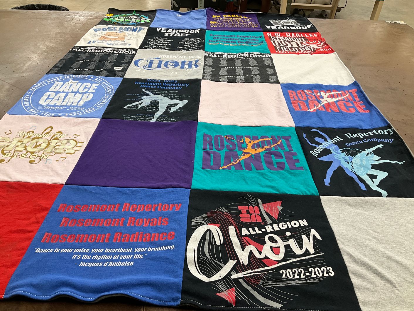 T-shirt quilt with dance, choir themes by Evelia from TX